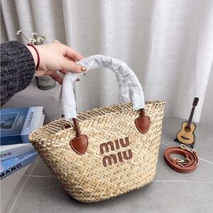 Miu Miu Beige Woven Tote with Brown Details